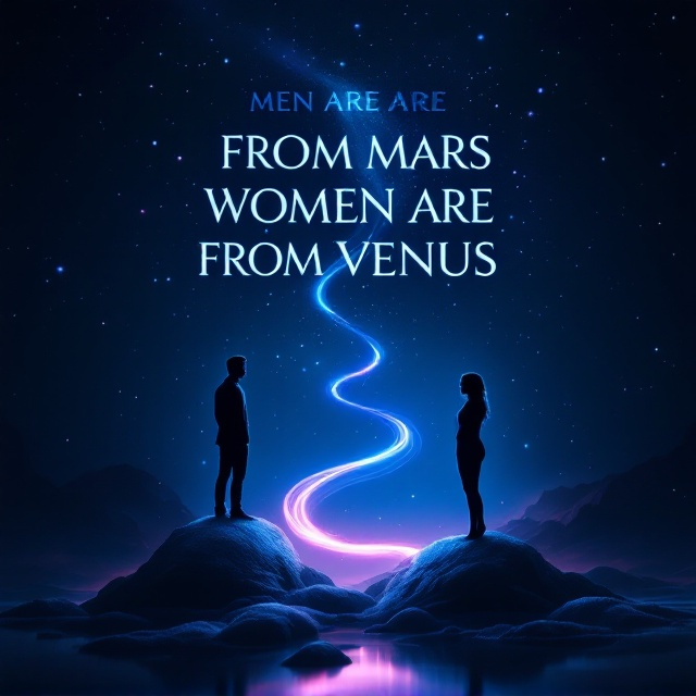 A silhouette-style composition of a man standing on a small, glowing, blue planet (Mars) on the left, and a woman with a soft pink glow standing on a smaller blue-toned planet (Venus) on the right. Connecting their planets, a swirling, translucent ribbon bridges the distance, symbolizing a connection and understanding. Light stars scatter throughout the background, with a faint galactic hue to give the scene depth and romance.