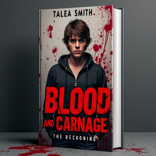 The cover features Heath taking up the majority of the foreground, his face angled slightly downward but with his piercing eyes staring directly at the viewer. His tousled brown hair partially obscures one eye, and the blood on his hoodie and jeans is textured for a hyperrealistic effect. A disturbing yet subtle detail – a piece of flesh hanging grotesquely from his mouth – draws the reader's gaze upward. Around him, chaotic, abstract splashes of red and black spiral outward, giving an illusion of motion, as though Heath is emerging from a storm of blood and darkness. The background is muted with dark gradients and streaks of gray, adding depth to the design.