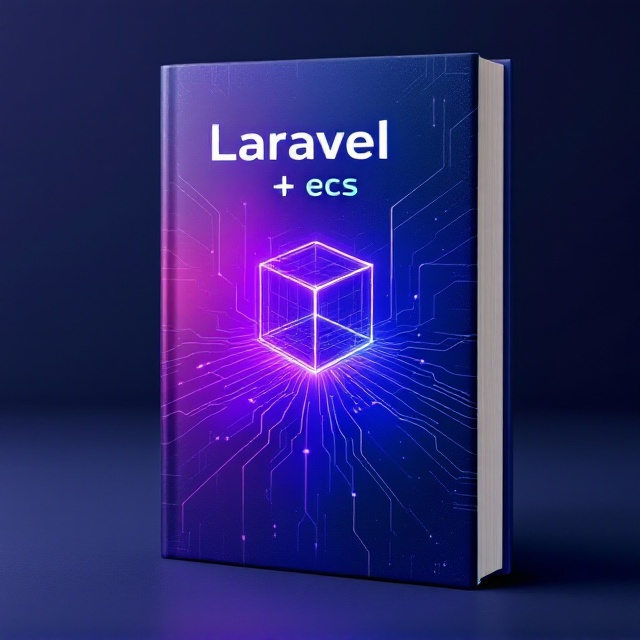 A futuristic-style cover with a vibrant gradient background transitioning from deep blue to electric purple. At the center, a glowing, minimalist cube intertwined with digital strands symbolizing "ecs" infrastructure, accompanied by an intricate array of circuit-inspired lines faintly etched in the background. The Laravel icon is subtly integrated into the design, blending seamlessly with the digital framework.