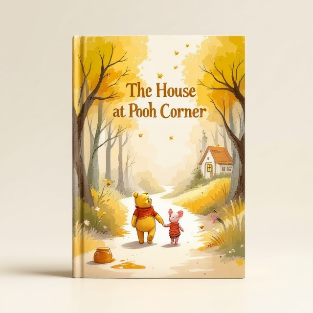 A central illustration featuring Winnie the Pooh and Piglet walking hand-in-hand through a whimsical, softly-colored forest path. In the background, a cozy outline of Pooh’s house (treehouse style) nestles amongst sunlit trees and honey bees swirling. The color palette features warm, earthy hues like beige, soft green, and pastel yellow, with gentle gradients that evoke warmth and nostalgia. Thin, soft brush strokes are used to create the illustration, which feels timeless and classic. A honey pot with a tiny spill at the bottom corner subtly ties in humor and charm.