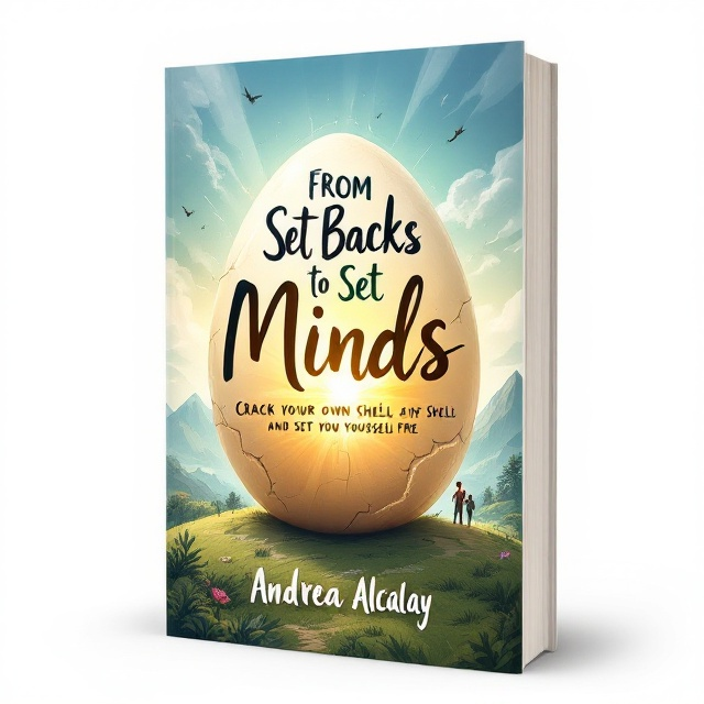 A dynamic and illustrative cover featuring a large egg located centrally, with cracks emitting rays of light. The left side shows a man and a woman inside the egg, appearing confined but hopeful. On the right, the same characters are outside, walking towards a mountain peak with a radiant sun rising in the background. The foreground displays a serene landscape with lush greenery, suggesting a journey from constraints to freedom.