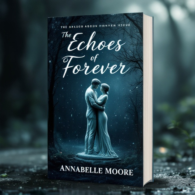 The cover features a delicate, ethereal statue of a man and a woman embracing. They are positioned slightly off-center to the right, creating a sense of longing. Rain gently falls around them, adding a sheen to the statues and a melancholy atmosphere. The background is a blurred, darker mystical nature setting, filled with shadowy trees and a hint of a twilight sky to suggest both mystery and serenity. The overall color palette is composed of deep blues, muted greens, and silvery grays to evoke a sense of sadness yet beauty.