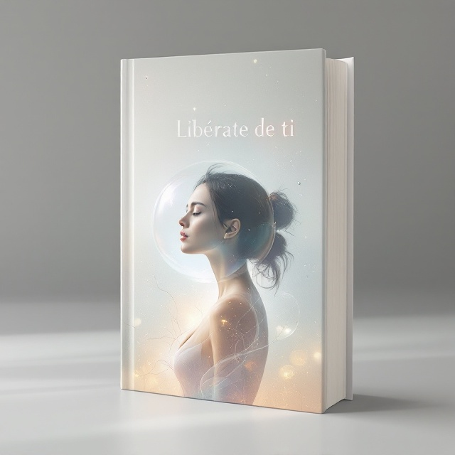 A woman’s silhouette emerges from within an iridescent bubble, depicting her liberation. The bubble, semi-transparent with delicate reflections, is set against a serene background featuring soft, neutral colors—primarily whites and greys. Around the bubble, subtle hints of abstract, swirling patterns signify motion and transformation. Above, an open sky theme, lightweight and inviting, provides a sense of endless possibilities and freedom.