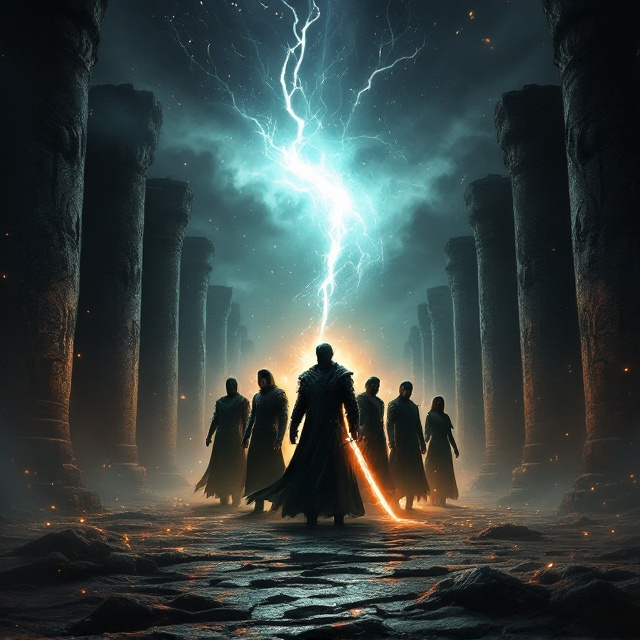 The cover features a dark, brooding landscape shrouded in shadows with swirling wind patterns in the foreground. Five imposing characters stand at the center, forming a formidable group against a backdrop of dilapidated pillars engraved with faces. One character, distinguished by a glowing katana in hand, emits an ethereal light. Tiny shadowy figures, appearing nearly translucent, swarm around them. Elements of fire and vibrant streaks of magic weave through the scene, casting flickers of orange, green, and purple hues against the blackened sky.