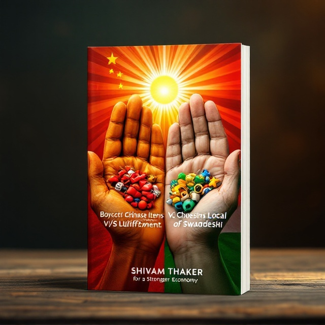 A split cover design with two opposing hands featured prominently in the foreground. The left-hand clutching Chinese goods like electronics and toys embodies fiery red and vibrant yellow tones, while the right-hand holding Swadeshi items like Khadi fabric and handicrafts uses earthy hues combined with saffron, white, and green. In the background, the Indian and Chinese flags subtly blend, forming a contrasting backdrop. A rising sun radiates at the top center, symbolizing hope and growth, with its rays subtly spreading out over both sections.