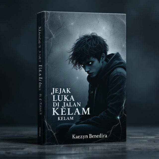 A shadowy, distressed background in shades of gray and indigo, representing trauma and despair. A boy with messy black hair sits at the center-right of the cover, wearing a hooded jacket, his head tilted downward, with glowing ash-gray eyes that pierce through the darkness. The boy’s figure fades slightly into the background as though blending with his emotional scars. A faint flicker of light (symbolizing hope) shines dimly at the upper-left corner. The soft texture of cracks or tears runs across the background, giving the impression of brokenness and healing.