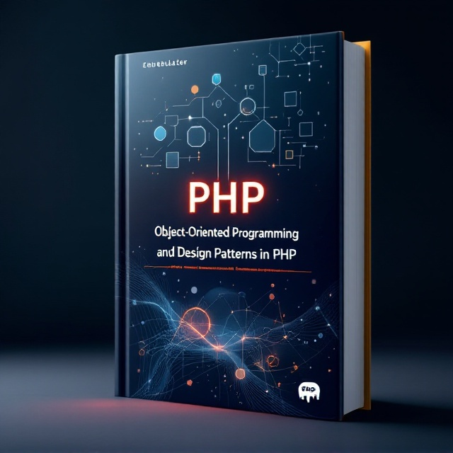 The cover features an interconnected network of sleek, geometric blocks and circular elements, symbolizing object-oriented programming. In the foreground, these shapes form a flowing, abstract pattern that conveys structure and logic. Subtle snippets of PHP code emerge out of the background like a faint grid, providing texture without overwhelming the composition. The PHP elephant logo is subtly incorporated at the base, partially faded for a contemporary touch. The primary color palette of deep blue, clean white, and soft gray adds professionalism and technical precision. A faint glow effect illuminates the title area to draw attention, granting the design an inspired, forward-thinking appearance.