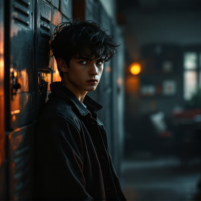 A close-up of the cool boy with black, messy hair and haunting grey eyes, leaning against a dimly lit brick wall. His posture is slouched, conveying trauma and hopelessness, and his gaze pierces forward with subtle anger and lingering despair. The background shifts from the faint outline of school lockers on the left to shadowy furniture suggesting a modest home setting on the right—symbolizing his two conflicting worlds. The edges of the cover fade into darkness to enhance the theme of despair and isolation, with a subtle beam of light cutting across him, alluding to hope.