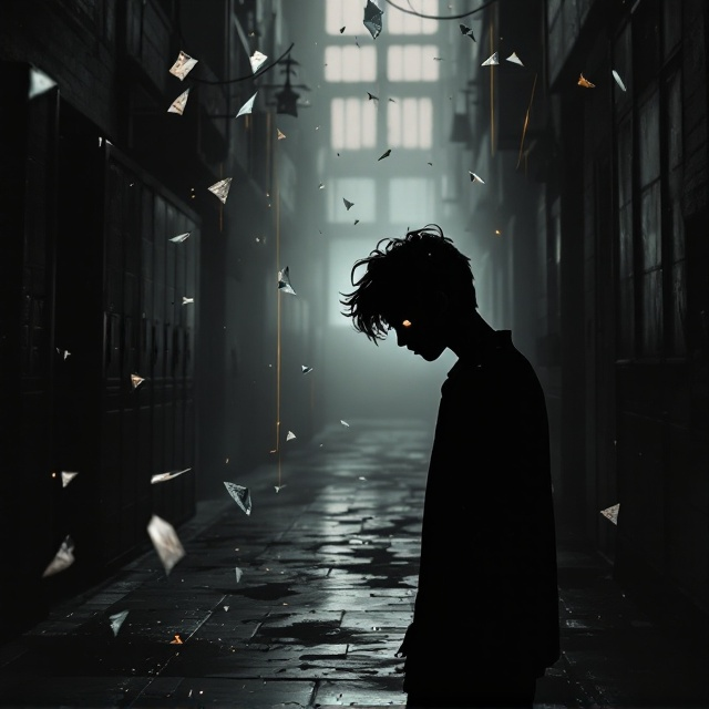 A dark, moody backdrop with a faint depiction of a worn-down, dimly lit school hallway transitioning into a shadowy living room that hints at the atmosphere of Bibi Vesper's house. A silhouetted figure of a teenage boy stands towards the left, his black, messy hair slightly ruffled, head lowered, hiding any overt expression of emotion. His glowing ash-gray eyes pierce through the dimness, surrounded by a faint aura of vulnerability. Broken shards of glass float around him, symbolic of his trauma and fractured hope, with each shard faintly reflecting echoes of significant memories (e.g., glimpses of a school locker, a hand reaching out, and torn scrap paper). The entire scene has a muted, desaturated color palette—dominated by greys, dark blues, and smoky blacks—with thin streaks of warm gold light cutting through, symbolizing slender threads of hope.