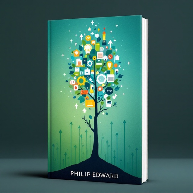 A striking illustration of a tree growing upward, but instead of leaves, the branches transition into various professional icons, such as gears, books, and lightbulbs. The background features a gradient that starts with earthy greens at the base and transitions into a motivational sky-blue tone at the top. A faint pattern of upward arrows is subtly embedded in the background to symbolize growth and progress.