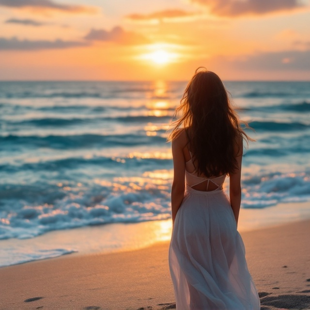 An enchanting scene of a beach during sunset. The golden-orange hues of the sunset blend seamlessly into the blue azur tones of the water. The silhouette of a girl standing with her back to the reader faces the horizon, her hair lightly blowing in the wind, creating depth. The sandy beach in the foreground is soft beige, textured, and fades into the blue azur waters. Gentle waves kiss the shore as the sky swirls in gradients of orange, pink, and lavender.