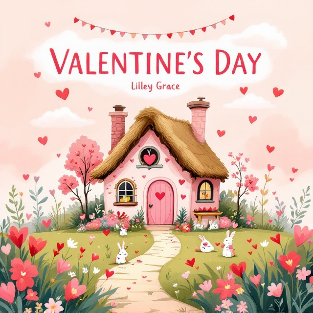 A whimsical, illustrated pink cottage in a lush meadow serves as the centerpiece. The cottage has a thatched roof, heart-shaped windows, and is surrounded by blooming flowers in shades of red, pink, and white. A path leading to the door is dotted with playful woodland creatures like rabbits and birds holding tiny Valentine's cards. The sky is a soft gradient of pink and peach, with floating heart-shaped clouds. Above the cottage, a garland of pastel hearts is strung across the top of the cover, adding a festive touch.