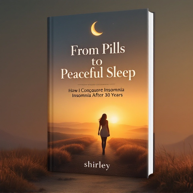 A serene landscape with a soft, glowing sunrise spread across a horizon. A crescent moon is faintly visible high up in a gradient-toned sky. A woman in silhouette is depicted walking on a calm dirt path leading towards the bright sunrise, symbolizing hope and journey. The tranquil setting evokes peace while subtly alluding to the transition from night (insomnia) to day (peaceful sleep), tying into the theme of the book.