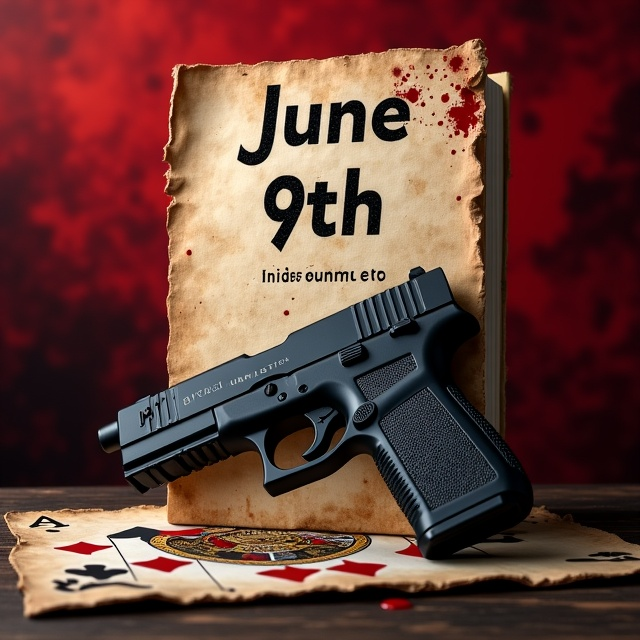 The background features a rich red overlay with soft gradients fading into darker crimson, symbolizing mystery. A weathered, vintage calendar page is torn on the edges, prominently displaying "June 9th" in bold black ink splashed with subtle blood splatters. At the center of the composition, a sleek, matte black pistol lies partially hidden beneath a deck of playing cards, revealing the Ace of Spades. In the distant background is an abstract silhouette of an Italian villa under the moonlight, encapsulated by an aura of shadowy mystery.