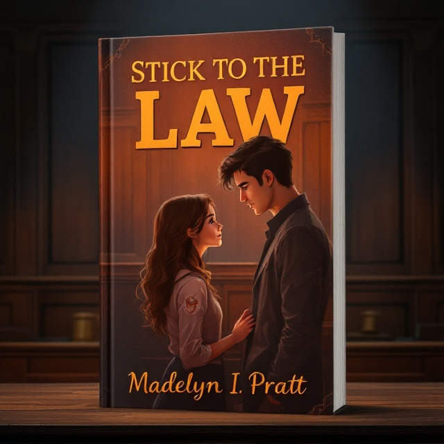 The cover features a courtroom scene dimly faded in the background, with wooden panels and a large gavel subtly visible. In the foreground, a young girl with brown hair stands to the left, facing slightly forward but with her eyes turned towards the young guy on the right, taller and with an inviting yet mysterious expression. The characters are designed in a clip art style, with enough realism to capture emotion. Warm colors like deep reds and soft browns create a blend of war and love.