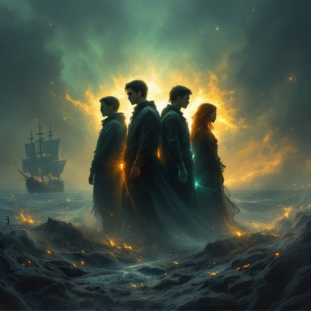 A dark, stormy atmosphere sets the tone, with the four young saints standing back-to-back at the center of the cover. Each saint is distinguished by their magical element glowing around them—golden light for the light controller, swirling air currents for the wind wielder, shimmering water droplets for the water master, and bright, fiery embers for the fire user. Shadow demons, rendered as menacing, smoky figures with sharp, glowing eyes, slink and lunge at the saints from the edges of the cover. In the distant background, a pirate ship with tattered sails looms against an ominous, cloudy sky lit faintly by an eerie green light. Brushstroke-like textures echo the magical realism theme, with heavy shadowing and intense contrasts enhancing the drama.