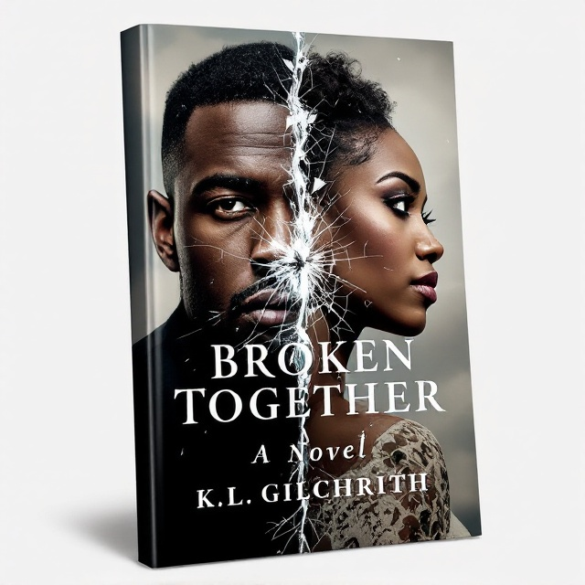 The cover features a split image with the African-American husband and wife on opposite sides, both looking away from each other. The husband is on the left with a somber expression, while the wife appears on the right with tears in her eyes. In the middle, between them, is a shattered glass effect symbolizing their broken relationship. The background is a muted, cloudy sky, intensifying the emotional tension.