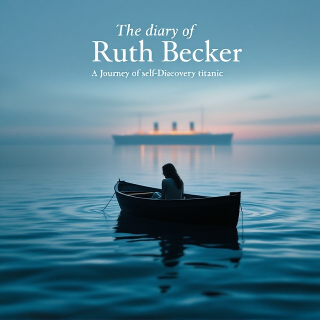 A single lifeboat isolated in the center of a vast ocean at dusk. The boat is diminutive against an overwhelming expanse of water and a skyline fading into light blue, merging softly with the horizon but still evoking a sense of solitude. The figure of a woman is seated in the boat, her face obscured by her hands as she gazes downward. Gentle ripples distort the reflection of the boat in the water, creating the impression of instability and sorrow. In the background, a faint outline of the Titanic looms far in the distance, blurred with a dreamlike quality, signifying a connection to the past.