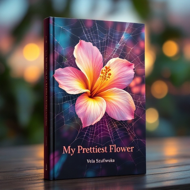 A central image of a vibrant pastel-colored Hawaiian flower is intertwined with delicate spider webs. Peeking from behind the flower are digital code elements representing a hacker's influence. The background shows a subtle gradient reflecting a Hawaiian sunset, adding warmth and conveying the mysterious allure of the islands.
