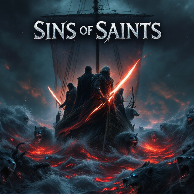 Four male saints stand back-to-back on a dark and stormy ship deck. One wields a glowing, radiant sword that contrasts sharply with the ominous shadows, while another grips a luminescent bow with an arrow drawn and ready. The ship sails over blood-red, dangerous waves teeming with skeletal hands and screaming faces clawing at its underside. A pack of large, menacing wolves roams across the deck, their icy blue eyes glowing in the misty darkness. The sky above churns with storm clouds and faint otherworldly light, creating an aura of fear and power.