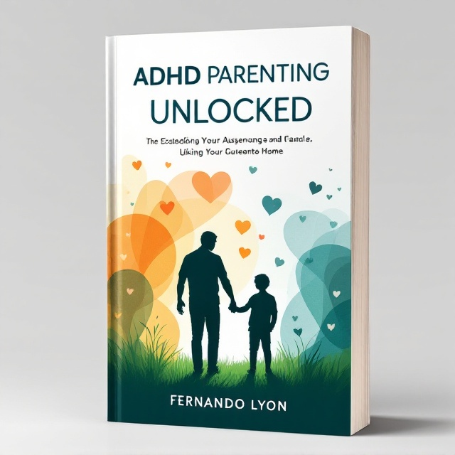 A silhouette of a father and son hand in hand, centered at the lower part of the cover, standing on a lush, green patch of grass. In the background, vibrant overlapping abstract shapes in calming orange, blue, and green create a sense of movement and connection. Soft heart-shaped curves subtly intertwine around the figures, and scattered playful bubbles add a sense of energy and growth.