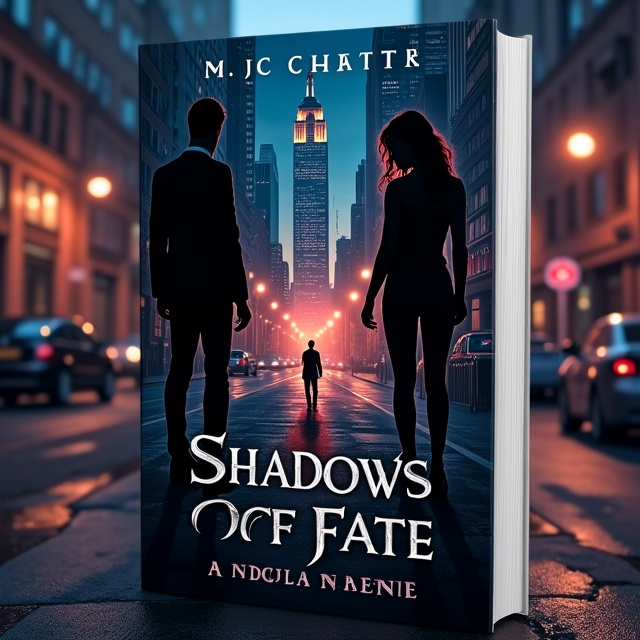 The cover features a shadowy silhouette of Carter on the left in a tailored suit, exuding an air of mystery and control. Julia is on the right, stepping gracefully out of the shadows, her expression one of determination and strength. Between them, a faint, intertwined shadow symbolizes their connection. The backdrop is a gritty New York City skyline at night, with glowing neon lights reflected in wet pavement. Subtle visuals include a rose near Carter’s silhouette and a glint of a gun near Julia’s feet.