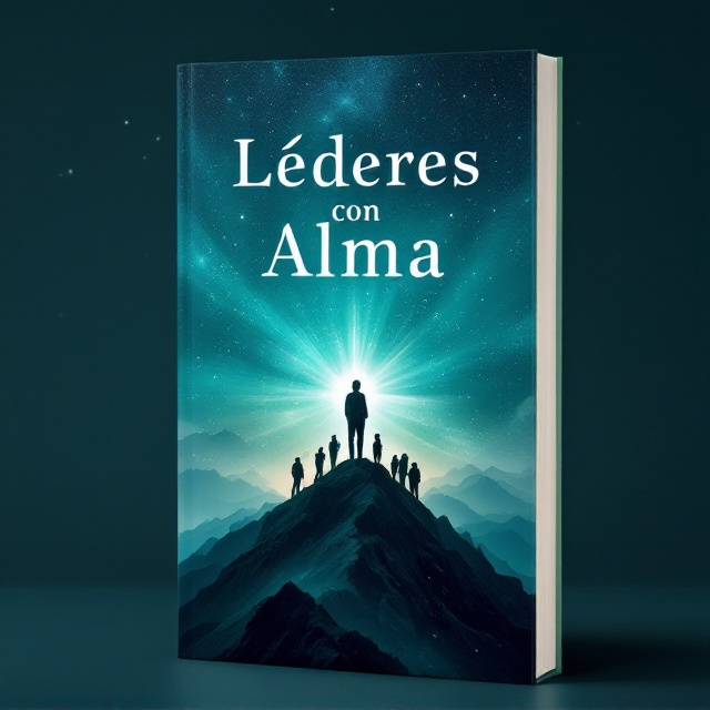 A stunning central silhouette of a leader standing on a mountain peak, overlooking a vast horizon that transitions between dark blue, turquoise, and green hues, symbolizing growth, introspection, and limitless potential. The leader is subtly illuminated, with a glowing aura around them representing soul and conscious leadership. In the background, faint outlines of a diverse group of people standing together suggest teamwork and collective strength. The scene is framed with soft cosmic brushstrokes to impart depth and a sense of spirituality or "alma." The title "Líderes con Alma" is prominently placed at the top, with subtle, textured light rays breaking through the dark color palette to symbolize enlightenment and growth.