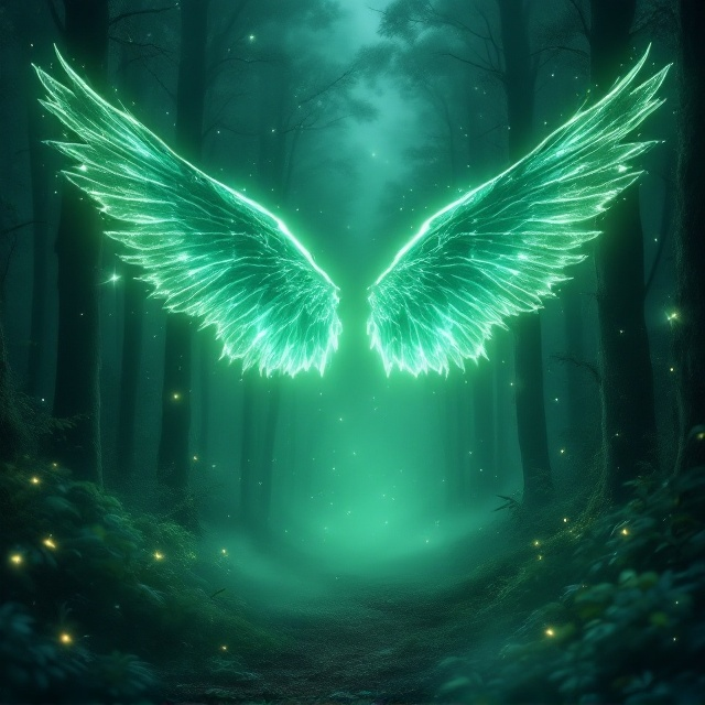 A serene yet magical forest landscape enveloped in hues of emerald green takes up the entire background. The trees appear ethereal with faint glowing lights floating between them, giving a sense of magic. Above the darkened forest canopy, glowing emerald green wings, large and shimmering, spread gracefully in the air, suggesting a mystical, otherworldly power. A faint mist that sparkles with luminescence swirls at the base, softening the overall scene.