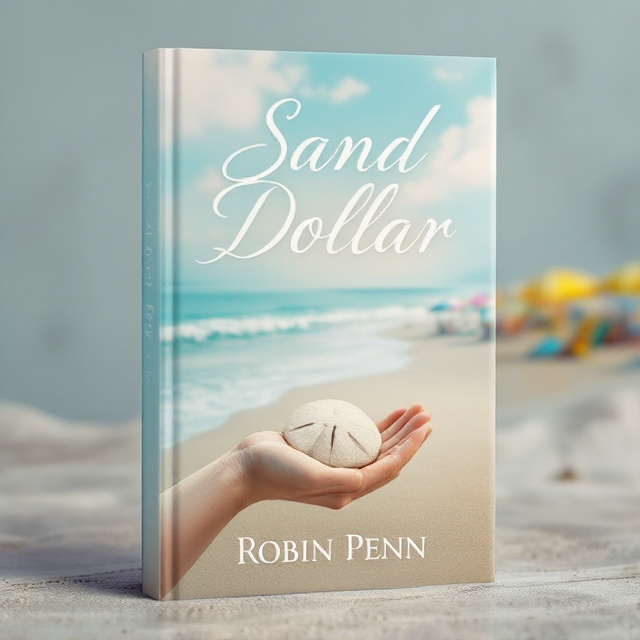 A serene beach scene extends across the cover, with gentle waves lapping at the shore under a soft, pastel sky. The focal point is a close-up of a sand dollar, resting delicately in an outstretched hand at the lower center of the cover. The beach scene features vibrant beach umbrellas scattered in the background, contributing to a cozy, vacation-like atmosphere. The predominant color palette is a range of calming blues, complemented by subtle sandy and white tones.