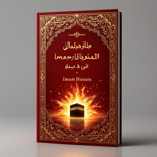 A deep red background with intricate golden Islamic patterns, subtly fading towards the center. In the foreground, a luminous splash of Imam Hussain's Holy Shrine, creating a focal point.