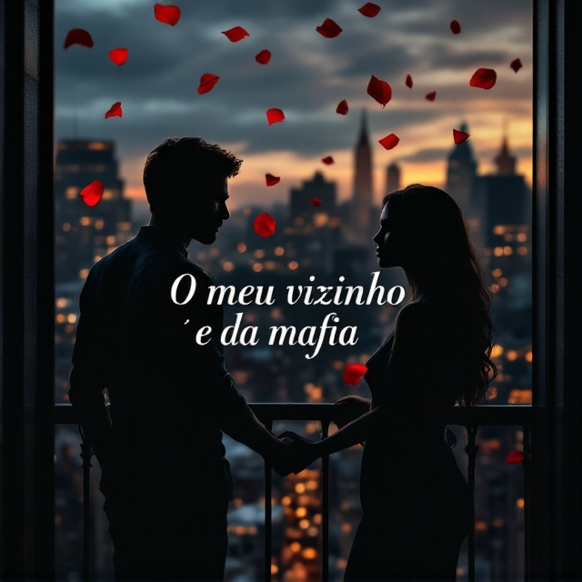 A silhouetted cityscape at dusk forms the backdrop, with a man and woman on opposite sides of a balcony railing, subtly outlined. On the man's side, a hint of a tattoo peeks from his shirt sleeve, suggesting intrigue. Red rose petals scatter between the two, floating across the cover, symbolizing romance and danger. The lighting is moody with shadows, creating a sense of mystery and allure.