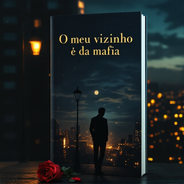 A dimly lit apartment building dominates the background with warm golden light glowing softly from one key window, suggesting intimacy and secrecy. The foreground displays a faint silhouette of a shadowy figure, dressed sharply but ambiguous in gender, leaning casually against a lamppost. Behind them, a sprawling, moody city skyline with hints of clouds glowing faintly in moonlight adds depth. A subtle rose lies on the foreground close to the figure's shadow, slightly tilted as if dropped accidentally, its red color subdued but visually compelling. Warm tones and dusky shades blend for an atmosphere of intrigue, passion, and enigma.