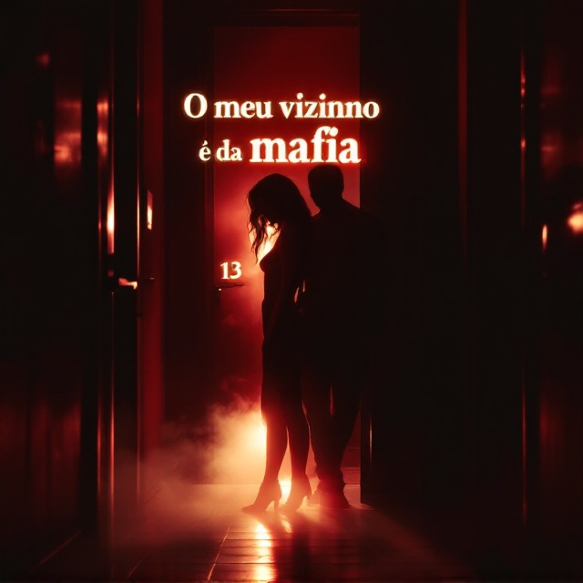 A sultry silhouette of a woman standing in a dimly lit hallway, with the shadowy figure of a man leaning casually against his apartment door in the background, his face partially obscured. A faint hint of fog swirls around their feet, and the door number "13" is highlighted, adding a hint of danger. The background is washed in deep, moody tones of red and black, with a subtle gold finish on the edges to evoke luxury.