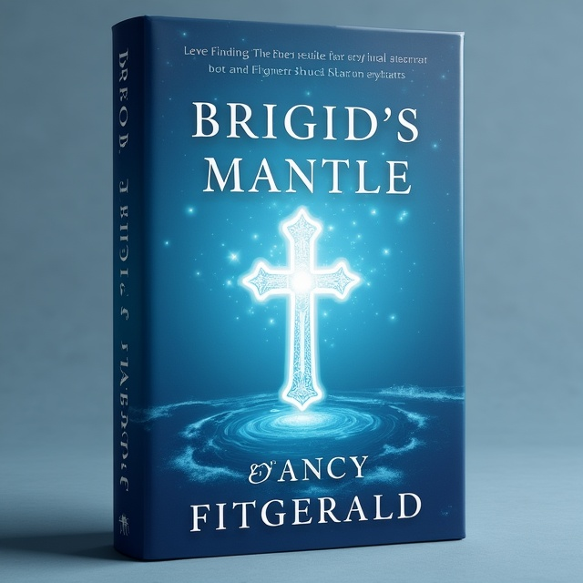 A serene blue backdrop dominates the cover, suggesting a peaceful sky or water. In the center, a delicate, glowing depiction of Brigid's cross is subtly highlighted, surrounded by soft, ethereal light. The light seems to radiate calmness and wisdom, embodying the serenity found in Celtic spirituality. A gentle gradient at the edges enhances the feeling of tranquility and draws focus inward toward the cross.
