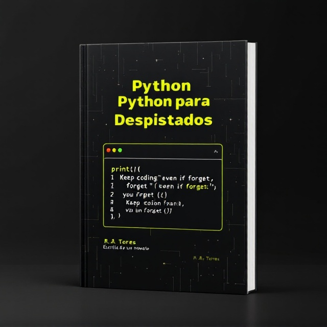 A striking minimalist design showcasing a black background with faint, horizontal lines resembling a tech-inspired grid. The bold title "Python para Despistados" appears at the top center in lime green, styled in a blocky monospace font. Below, a simulated terminal window takes the spotlight—it has a title bar with small colored buttons (red, yellow, green) on the left and displays playful yet motivational Python code such as `print("Keep coding, even if you forget ;)!")` with syntax highlighting. A blinking cursor is positioned at the end of the last line of code. The author’s name, "R.A. Torres," appears in small monospace font at the lower-right corner, while the phrase "Escrito por un novato" is mirrored on the lower-left corner. Subtly scattered around the dark background are faint symbols like `{}`, `[]`, and `<>`, adding texture.