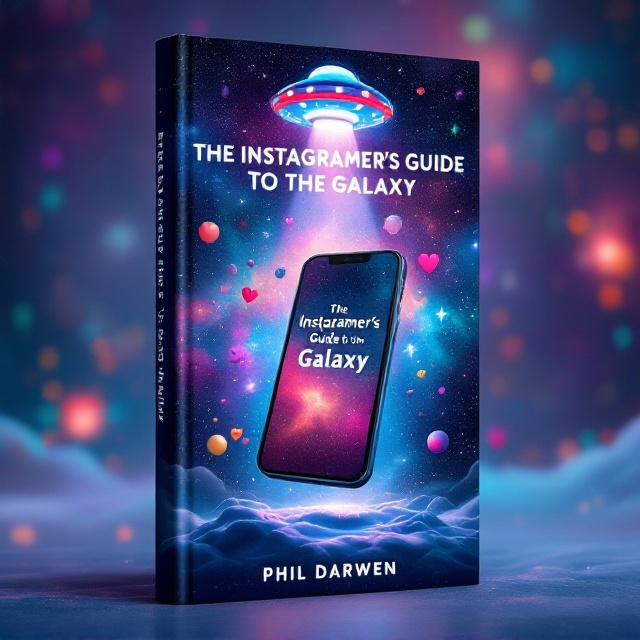 A vibrant space-themed backdrop featuring a sprawling galaxy filled with nebulae, stars, and planets. In the foreground, a smartphone floats in zero gravity, displaying the Instagram interface with the book's title written in the bio section. Like buttons, heart icons, and comment bubbles orbit the phone, adding a playful and comedic touch. The Instagram logo subtly morphs into a UFO hovering above, beaming light onto the phone.