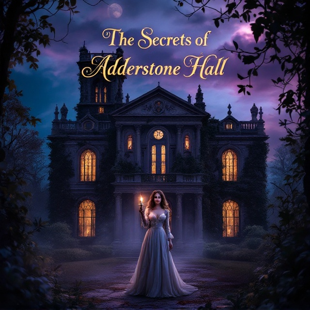 A grand Gothic mansion, Adderstone Hall, dominates the background, veiled in twilight hues of deep purple and navy blue. Ivy curls around its Doric columns and tall arched windows, which glow faintly with warm candlelight. In the foreground, a Regency-era lady in a pale, flowing gown stands amidst creeping shadows, holding up a single flickering candle. Her expression is tense yet resolute. The ground features a hint of mist, further enhancing the atmosphere of suspense and intrigue. The sky showcases streaks of dark ominous clouds with a faint streak of moonlight filtering through.