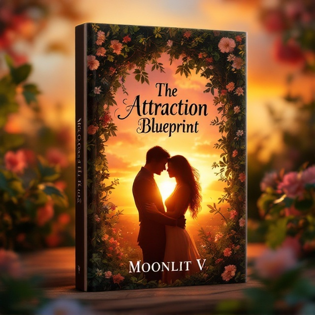 A picturesque sunset scene in a lush garden setting, where two lovers are silhouetted against the warm, radiant sky. Vines and flowers wrap around the couple, creating a frame that draws the eye to their tender embrace. Soft whispers of wind are illustrated by lightly curved lines, adding movement and depth to the scene. The overall feel is intimate and serene, with an alluring touch of nature's elegance.