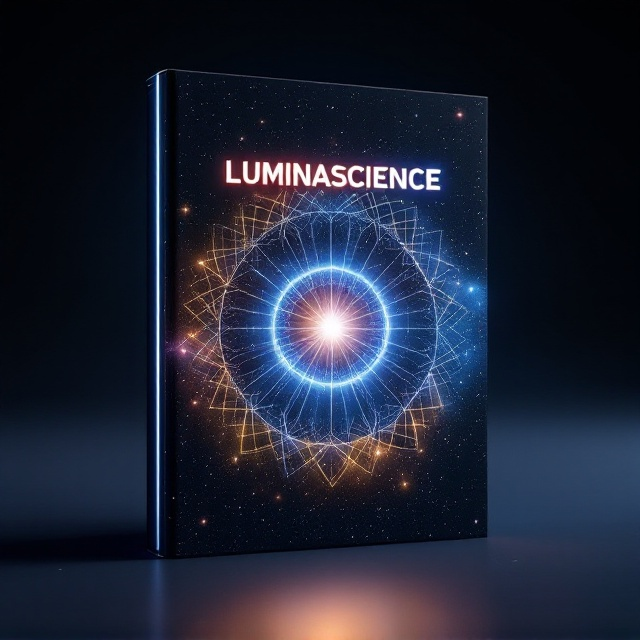 A glowing, radiant orb of light is set against a deep, star-speckled galaxy background. Around the orb, intricate, minimalistic shapes resembling futuristic scientific patterns (like molecular structures or geometric grids) subtly emerge, radiating outward. Soft pastel colors like neon blues, greens, and yellows add vibrancy, creating a sense of optimism and wonder.