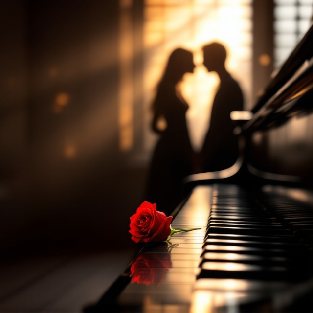 A serene and romantic scene features a dimly lit music studio, with soft sunlight streaming through slatted blinds. In the foreground, a glossy grand piano shines softly, with a single crimson rose resting on its keys, symbolizing love and faith. In the background, a faint silhouette of two figures leaning toward each other, representing forgiveness and redemption, is blurred but visible enough to capture the emotional tone.