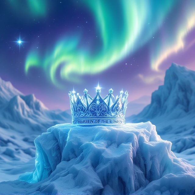 A breathtaking vista of icy terrain under a vivid and dynamic northern lights display. The northern lights twist and arc dramatically across the top of the cover, casting ethereal colors of green, blue, and purple across the icy landscape. In the foreground, a highly stylized, gleaming crown seemingly carved from ice rests on a jagged, frost-covered pedestal. The crown is adorned with intricate etchings resembling ancient runes, designed to give it a mystical feel without being derivative of other popular fantasy aesthetics. The overall look feels crisp, cold, yet immensely powerful, with the icy textures framing the royal centerpiece.