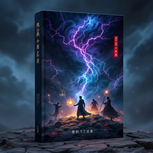 Set against a dark, stormy backdrop, the cover features a monumental fantasy scene. Uber-dramatic, swirling black clouds dominate the upper half of the frame, laced with streaks of ominous purple lightning that hint at the looming battle. In the foreground, the heroic figure of 萧凡 stands resolute, holding the glowing 天璇瓶, which radiates a mystical blue aura, creating a striking contrast against the dark surroundings. To his left, 赵平生 is mid-action, his eight-sided 八卦镜 alight with golden runes, casting dynamic streaks of light that cut through the murk. On the opposite side, the shadowy 黑袍人 looms threateningly, holding a sinister staff embedded with a jewel radiating pulsating crimson energy. Beneath them, cracked earth reveals an ancient 石碑 with glowing inscriptions that subtly hint at the story's central mysteries.