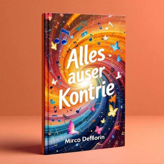 A swirling, chaotic composition featuring items such as floating music notes, whimsical butterflies with quantum-like energy trails, and office supplies (like pens, clips, staplers) spinning in a colorful vortex. These elements appear to converge and expand from the center of the cover in an almost surreal, dreamlike pattern. The background features a playful gradient of orange hues, transitioning from a deep, burnt orange at the edges to a lighter, almost sunny orange towards the center. The vibes of organized chaos dominate the design, with subtle glimmers of magical sparkles scattered across for a fantastical touch.