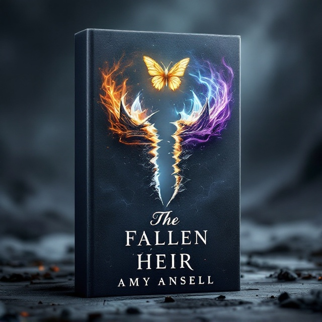 The cover features a dark and stormy background, with muted charcoal grays and midnight blues evoking a cold, mysterious atmosphere. In the center, a broken crown takes prominence. The two halves of the crown are dramatically separated the left half standing tall with jagged edges and the right half cracking and crumbling downward. A faint sheen of blood seeps from the cracks, pooling at the base of the crown and smudging outward in gradient edges. Two distinct types of magic swirl and clash behind the crown—one fiery and vivid with threads of orange and gold, while the other is icy and shadowy with hues of deep purple and electric blue. Suspended above the intact half of the crown is a delicate golden butterfly, glowing faintly as it hovers in contrast to the dark background.