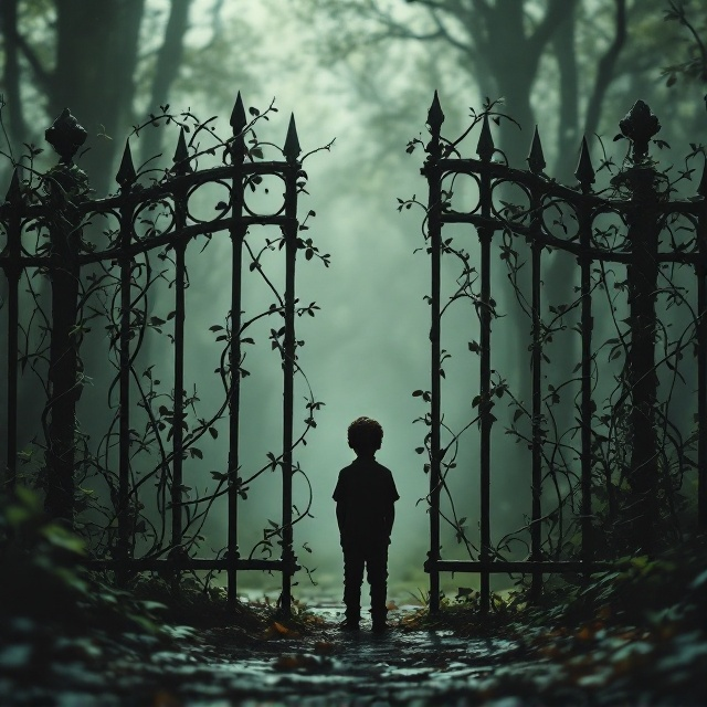 A silhouette of a young boy stands on the dark side of a set of interlocked, wrought-iron railings that span the entire width of the cover. The railings are adorned with twisting bindweed flowers, their vines wrapping tightly and symbolically around each bar. The boy is positioned in the lower center, with his small, hunched figure appearing trapped. The background beyond the railings is muted and hazy, suggesting a blocked path, with faint outlines of a soft forest bathed in gentle green hues. A subtle gradient of shadow and light runs across the cover, emphasizing the boy's emotional state of fear, anger, and isolation.