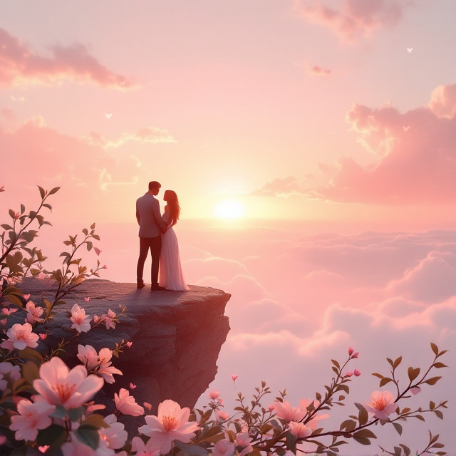 An ethereal setting with a radiant sunrise breaking through soft clouds. Two silhouettes—a couple—stand at a cliff edge overlooking a glowing pink and golden horizon. Subtle heart-shaped dew drops on nearby leaves add a sense of gentle romance. The foreground has soft, pastel-hued flowers swaying in the breeze, creating a sense of movement and emotion. The sky above has delicate, flowing ribbons of light, representing emotions weaving together harmoniously.