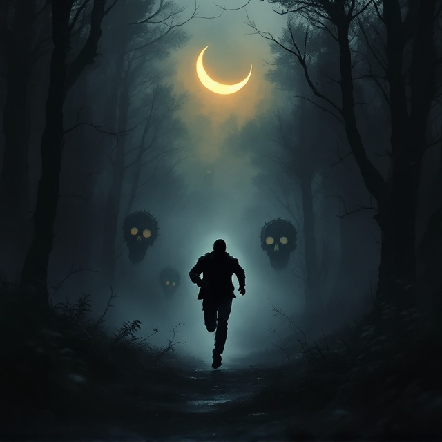 A shadowy figure of a man is in the foreground, mid-sprint, with a terrified expression. He is running through a dark, desolate forest shrouded in creeping fog. Behind him, indistinguishable shadowy forms swirl like ghostly apparitions. The background is filled with abstract shapes resembling skulls and cracked clocks, subtly fading into the darkness to invoke superstitious unease. A crescent moon hangs faintly in the dim sky, casting an eerie brownish light.