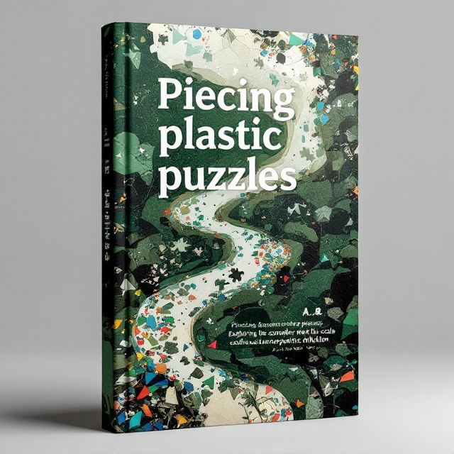 The cover features an abstract collage of fragmented plastic pieces merging and floating on a stylized, polluted river stream with prominent dark greens, muddy browns, and scattered vibrant plastic colors (blue, red, yellow). A faint map outline of a Global South country appears subtly in the background, barely visible through layers of overlapping translucent waste patterns. The river snakes through the center, with darker hues fading into lighter tones as it moves upward, symbolizing complexity and impact.