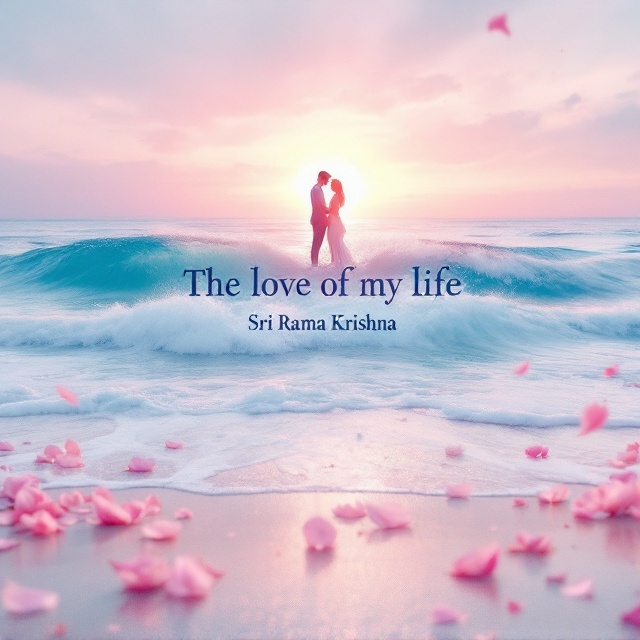 A serene beach scene with a soft gradient merging light blue ocean waves and a light pink sky at sunrise. At the center, on the crest of the waves, a couple stands tenderly embracing, silhouetted by the glow of the sunrise. The waves have a natural shimmer, and the couple's pose exudes romance. Flower petals (roses, light pink) lightly scatter in the foreground, symbolizing love.