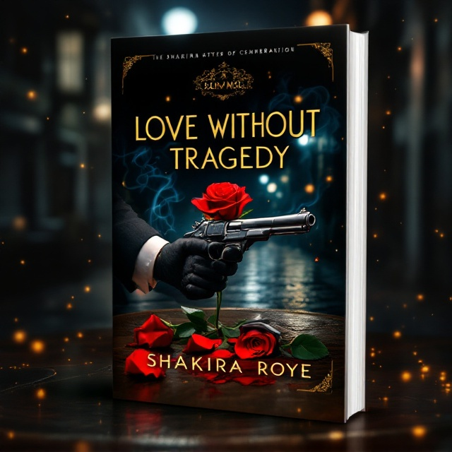 The book cover captures a dimly-lit 1920's setting with a dark mahogany table as the centerpiece. On the table lies a red rose with petals slightly smudged with blood, adding an air of tragic romance. To the right of the rose is a vintage 1920's handgun, its metallic surface gleaming faintly in the low light. A man's hand, wearing a classic suit sleeve and cufflink, hovers protectively over the gun, while a woman's elegantly gloved hand caresses the stem of the rose. The faint tendrils of smoke weave around the elements, blending into the background, which depicts a blurred New York street under moonlight with cobblestones shimmering in the drizzle. Subtle golden sparks, resembling champagne bubbles, float faintly from below the title into the scene, evoking a suggestion of the opulence of the era.